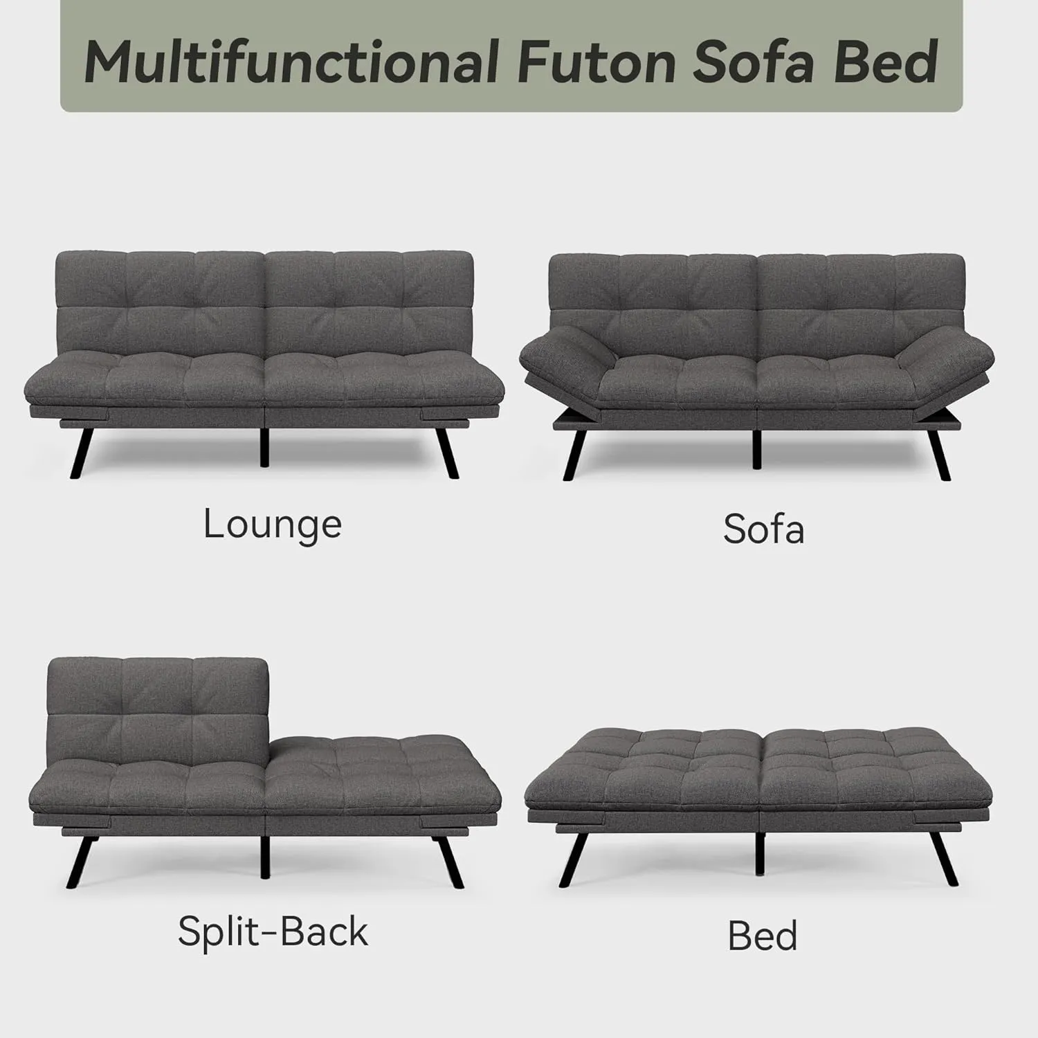 Convertible Futon Sofa Bed,71" Memory Foam Futon Couch,Detachable Cushion,Adjustable Backrest & Armrest,Linen Modern Loveseat Sleeper Recliner for Living Room,Office,Apartment,Medium Grey