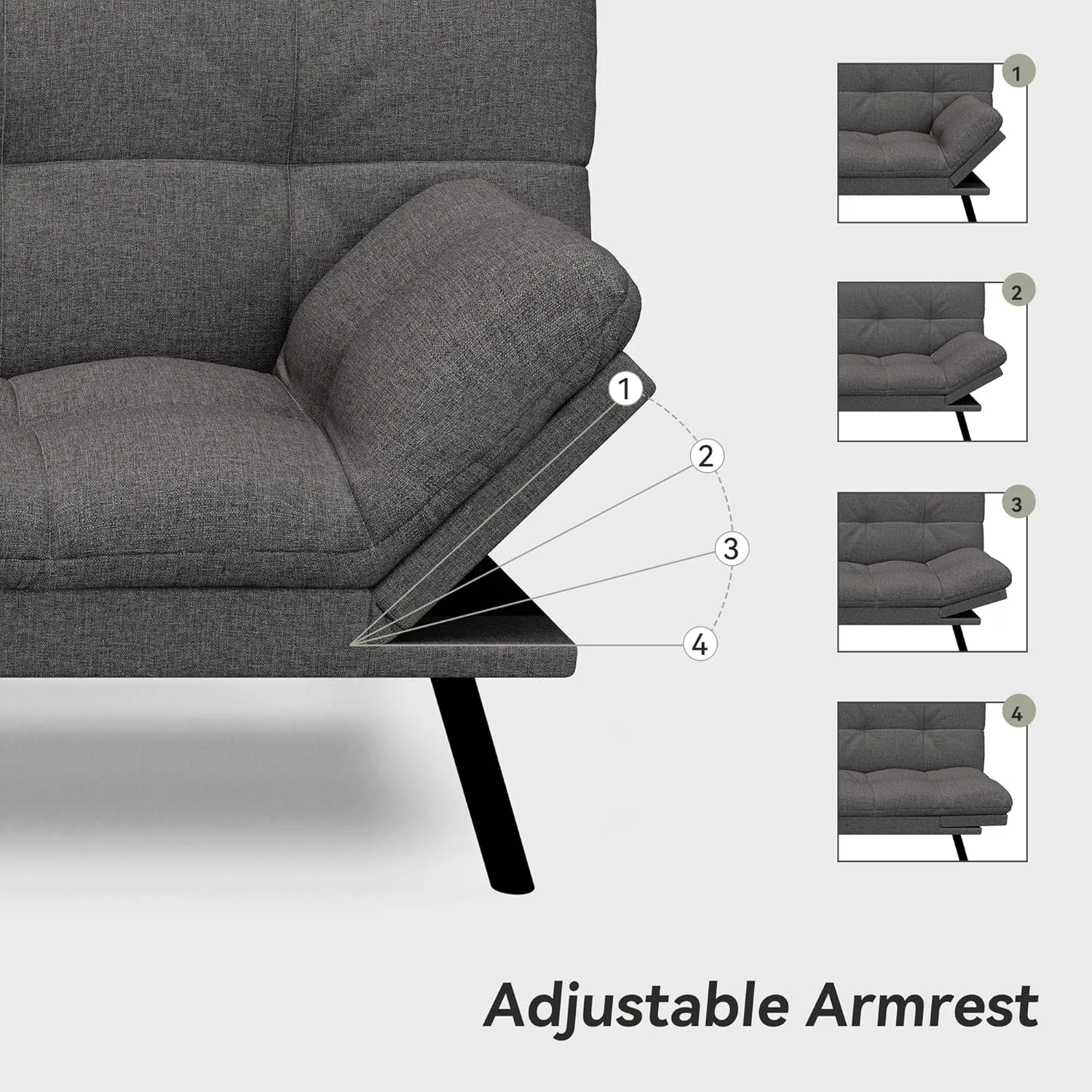 Convertible Futon Sofa Bed,71" Memory Foam Futon Couch,Detachable Cushion,Adjustable Backrest & Armrest,Linen Modern Loveseat Sleeper Recliner for Living Room,Office,Apartment,Medium Grey