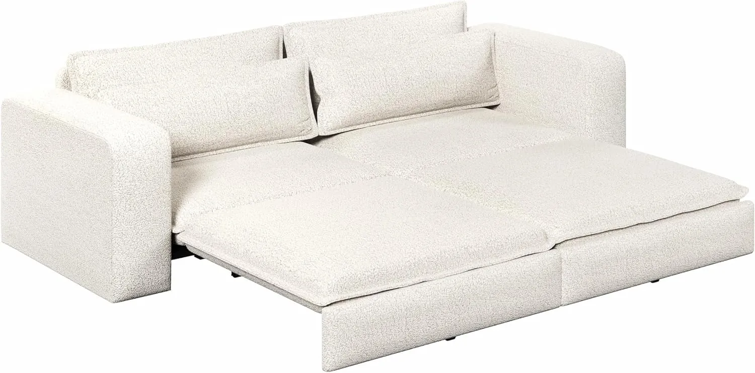 Convertible King Size Sofa Bed, 3 in 1 Teddy Sleeper Sofa Pull-Out Bed with Armrests, 3 Seater Couches with 2 Pillows, Sleeper Couch Reading Chairs for Living Room(Beige)