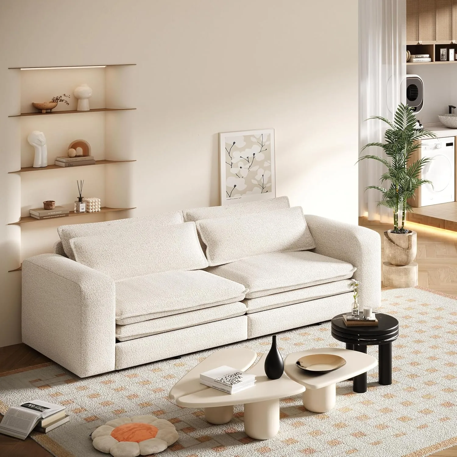 Convertible King Size Sofa Bed, 3 in 1 Teddy Sleeper Sofa Pull-Out Bed with Armrests, 3 Seater Couches with 2 Pillows, Sleeper Couch Reading Chairs for Living Room(Beige)