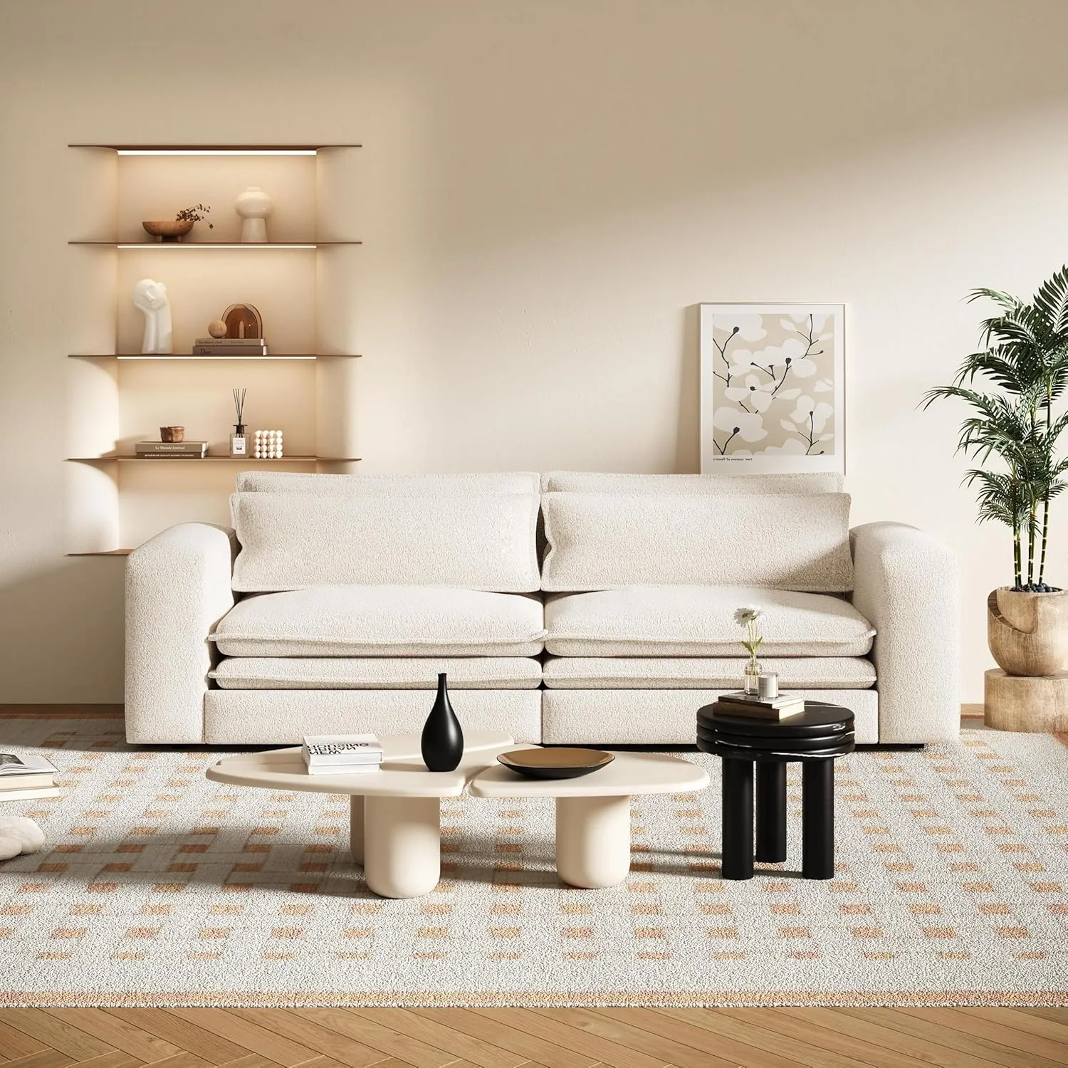 Convertible King Size Sofa Bed, 3 in 1 Teddy Sleeper Sofa Pull-Out Bed with Armrests, 3 Seater Couches with 2 Pillows, Sleeper Couch Reading Chairs for Living Room(Beige)