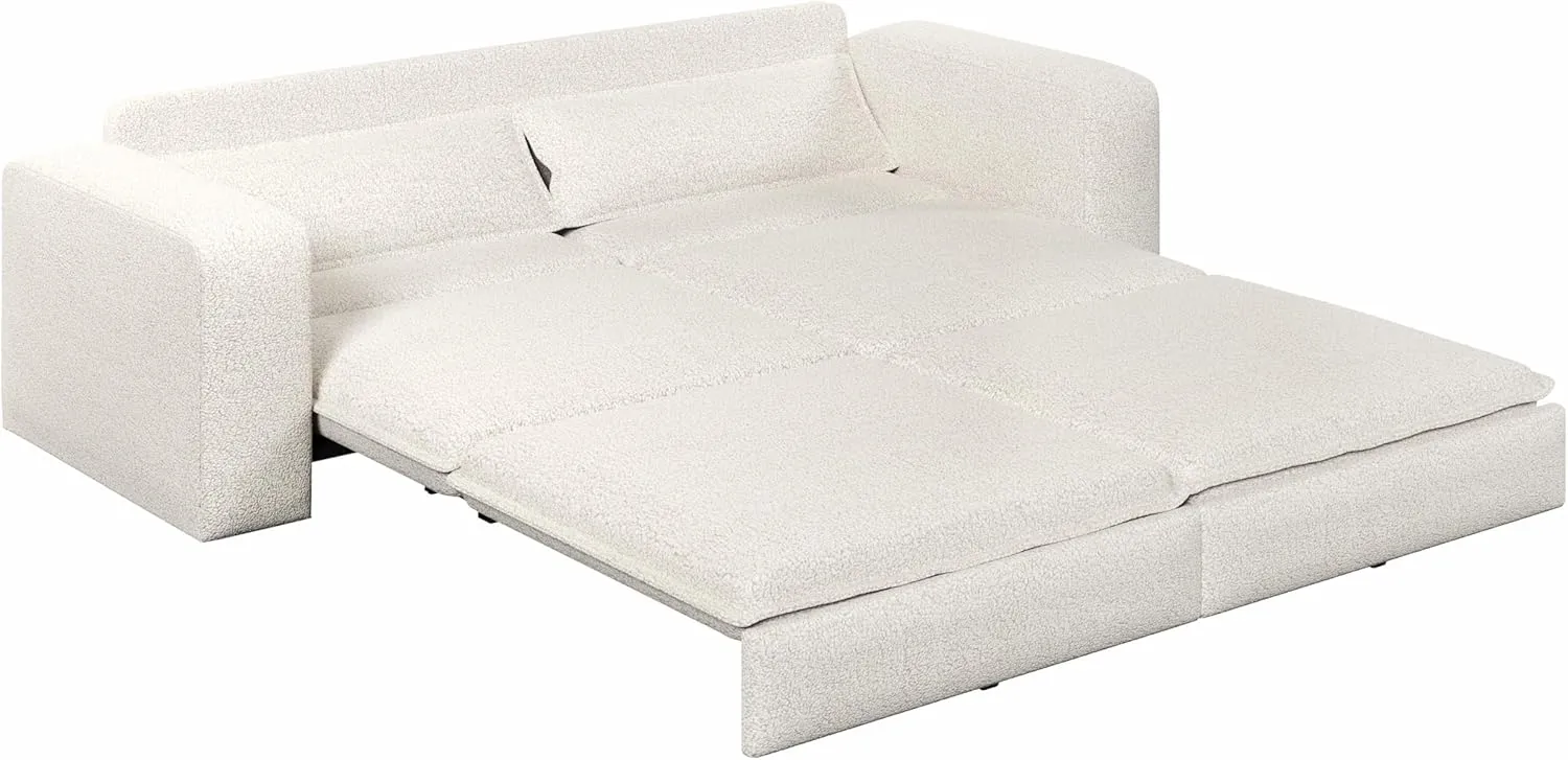 Convertible King Size Sofa Bed, 3 in 1 Teddy Sleeper Sofa Pull-Out Bed with Armrests, 3 Seater Couches with 2 Pillows, Sleeper Couch Reading Chairs for Living Room(Beige)