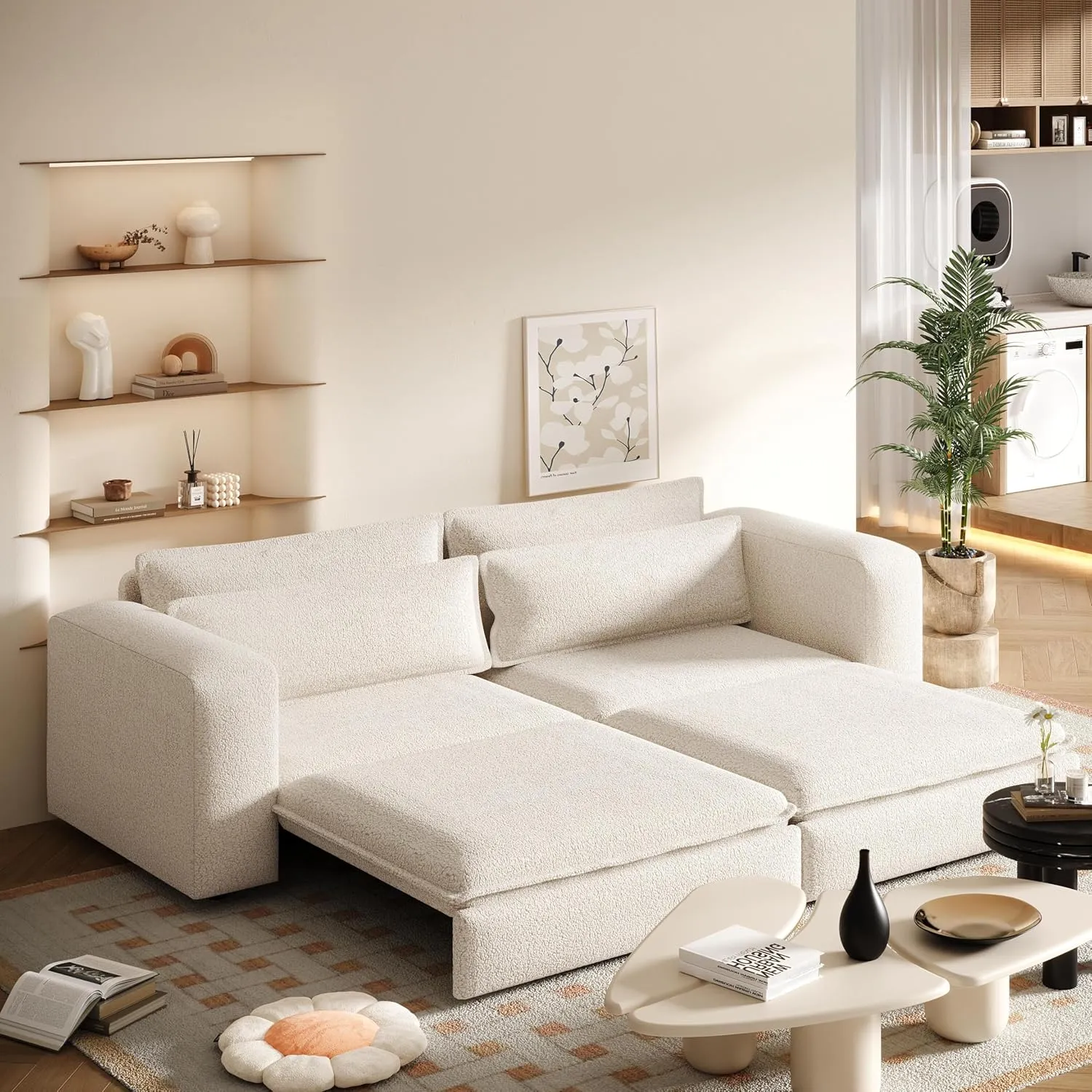 Convertible King Size Sofa Bed, 3 in 1 Teddy Sleeper Sofa Pull-Out Bed with Armrests, 3 Seater Couches with 2 Pillows, Sleeper Couch Reading Chairs for Living Room(Beige)