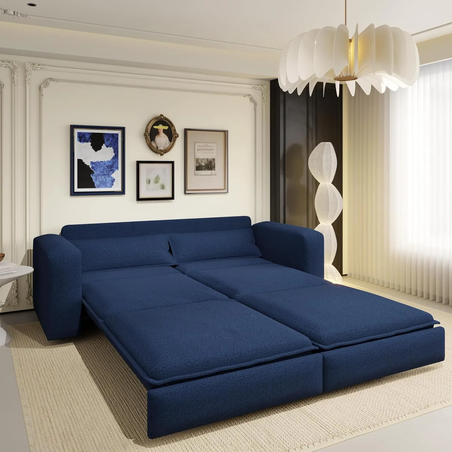 Convertible King Size Sofa Bed, 3 in 1 Teddy Sleeper Sofa Pull-Out Bed with Armrests, 3 Seater Couches with 2 Pillows, Sleeper Couch Reading Chairs for Living Room(Blue)