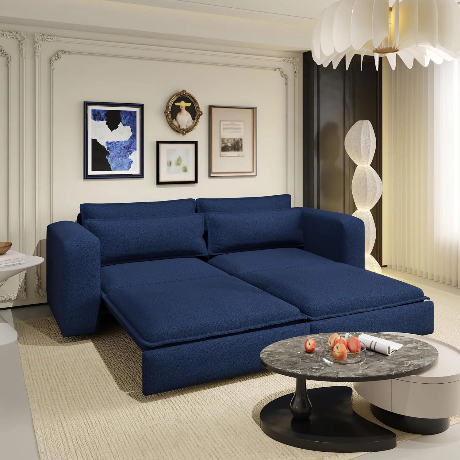 Convertible King Size Sofa Bed, 3 in 1 Teddy Sleeper Sofa Pull-Out Bed with Armrests, 3 Seater Couches with 2 Pillows, Sleeper Couch Reading Chairs for Living Room(Blue)