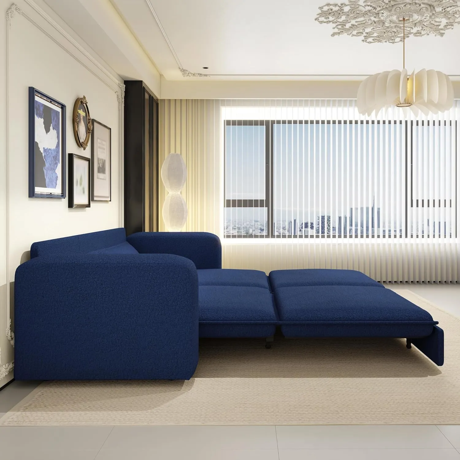 Convertible King Size Sofa Bed, 3 in 1 Teddy Sleeper Sofa Pull-Out Bed with Armrests, 3 Seater Couches with 2 Pillows, Sleeper Couch Reading Chairs for Living Room(Blue)