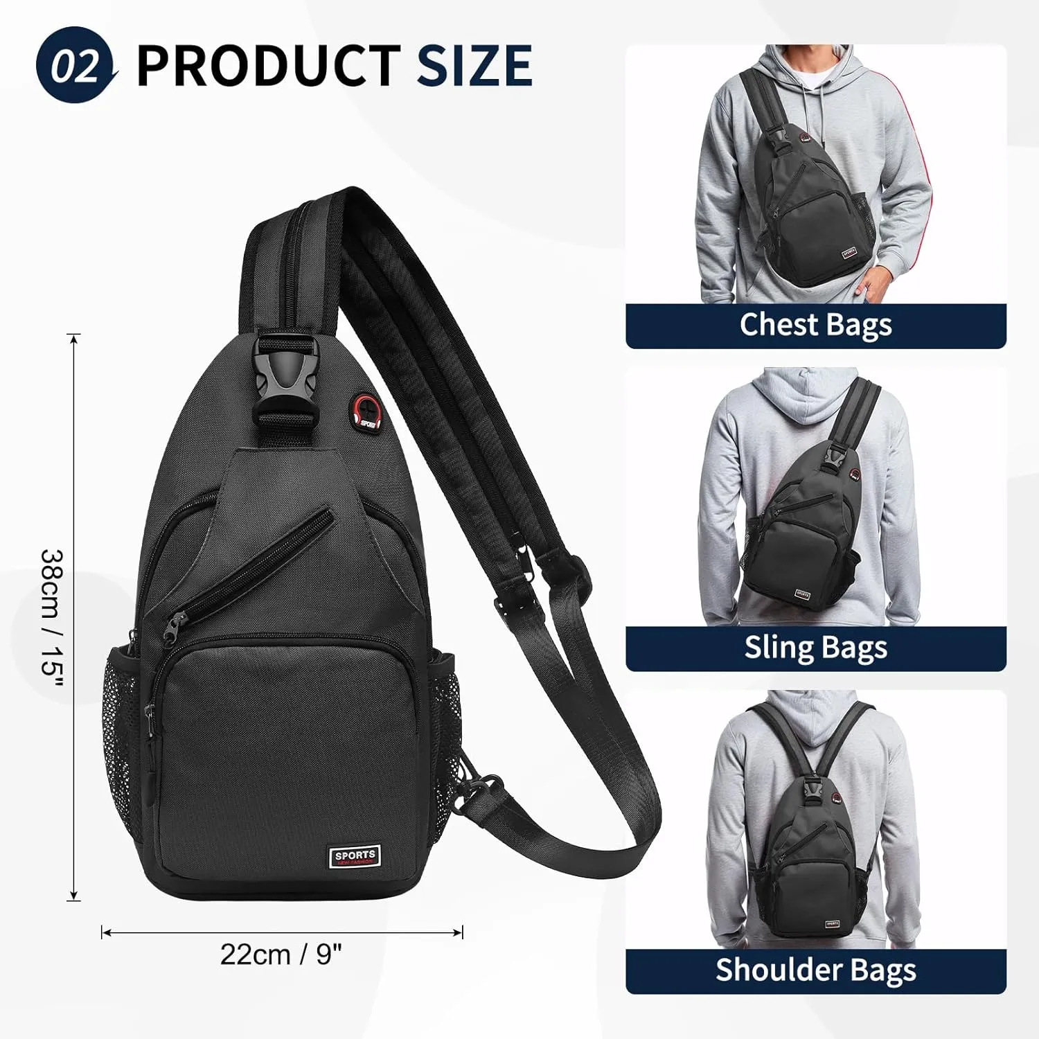 Convertible Sling Bag Crossbody Backpack, 12.9-Inch Pads Bags with Headphone Jack Shoulder Bag Casual Pack for Women Men Hiking Travel Cycling (Black)