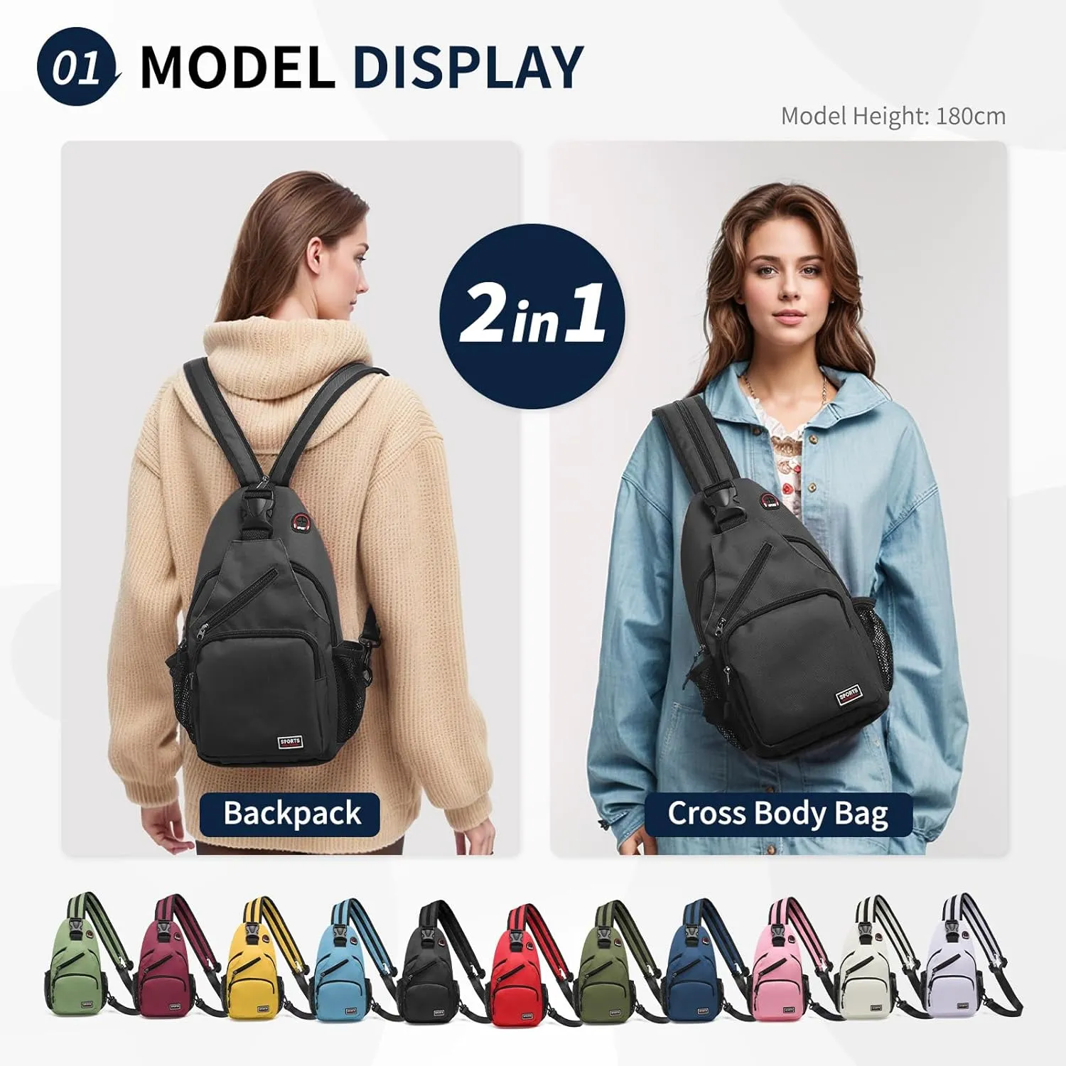 Convertible Sling Bag Crossbody Backpack, 12.9-Inch Pads Bags with Headphone Jack Shoulder Bag Casual Pack for Women Men Hiking Travel Cycling (Black)