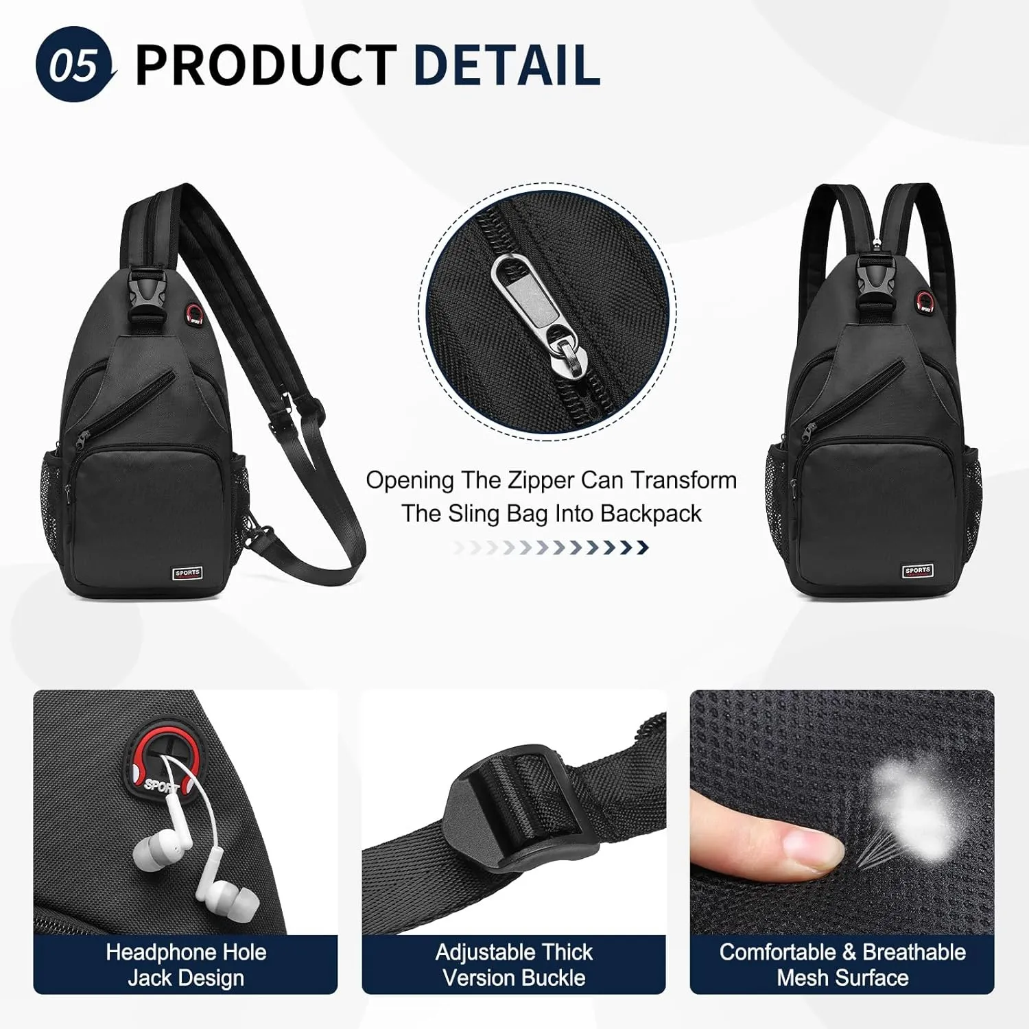 Convertible Sling Bag Crossbody Backpack, 12.9-Inch Pads Bags with Headphone Jack Shoulder Bag Casual Pack for Women Men Hiking Travel Cycling (Black)