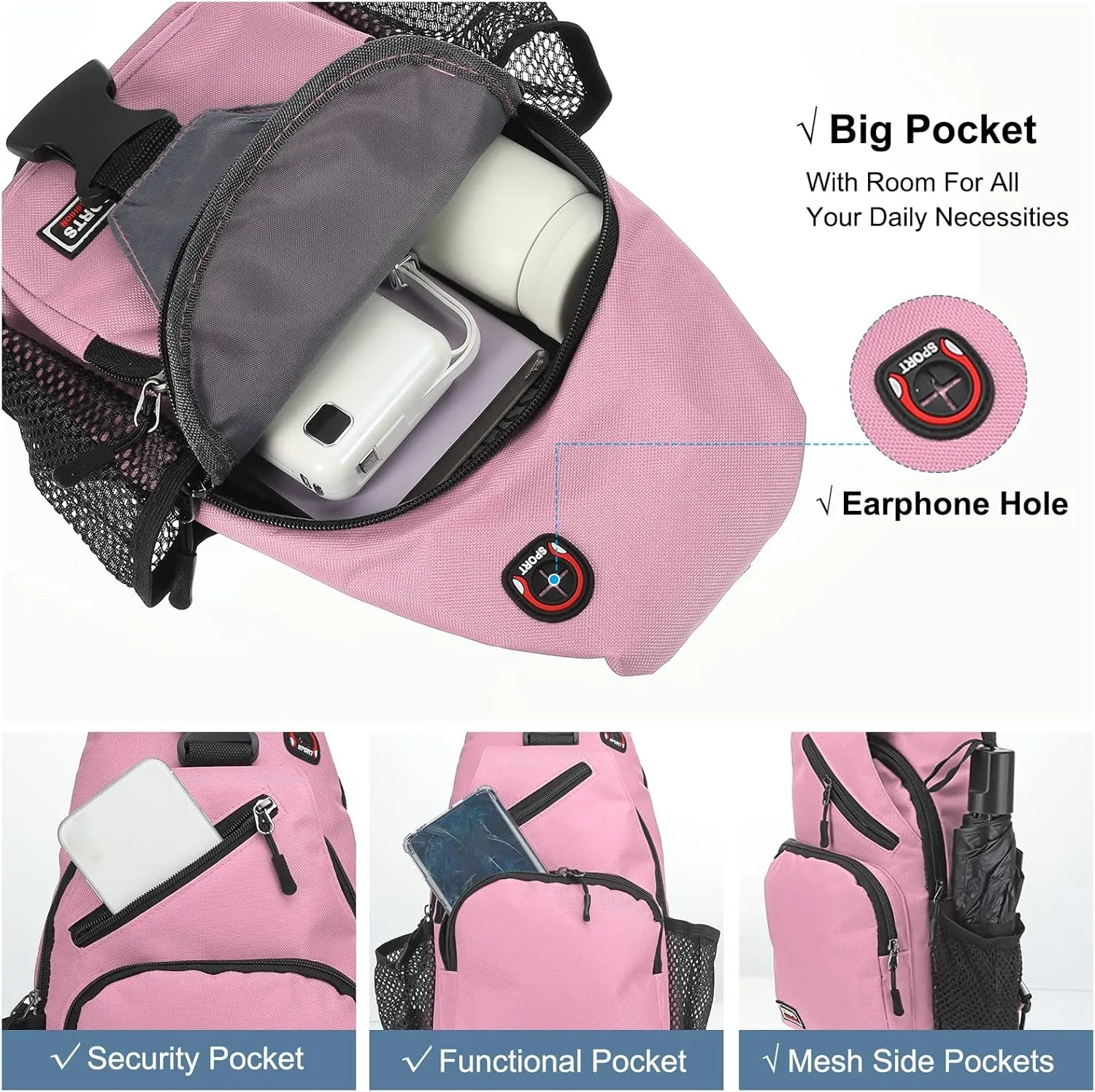 Convertible Sling Bag Crossbody Backpack - 7"x13" (LXH) Good for Women Men Hiking Travel Cycling - Shoulder Bag Casual Packs with Headphone Jack - Pink