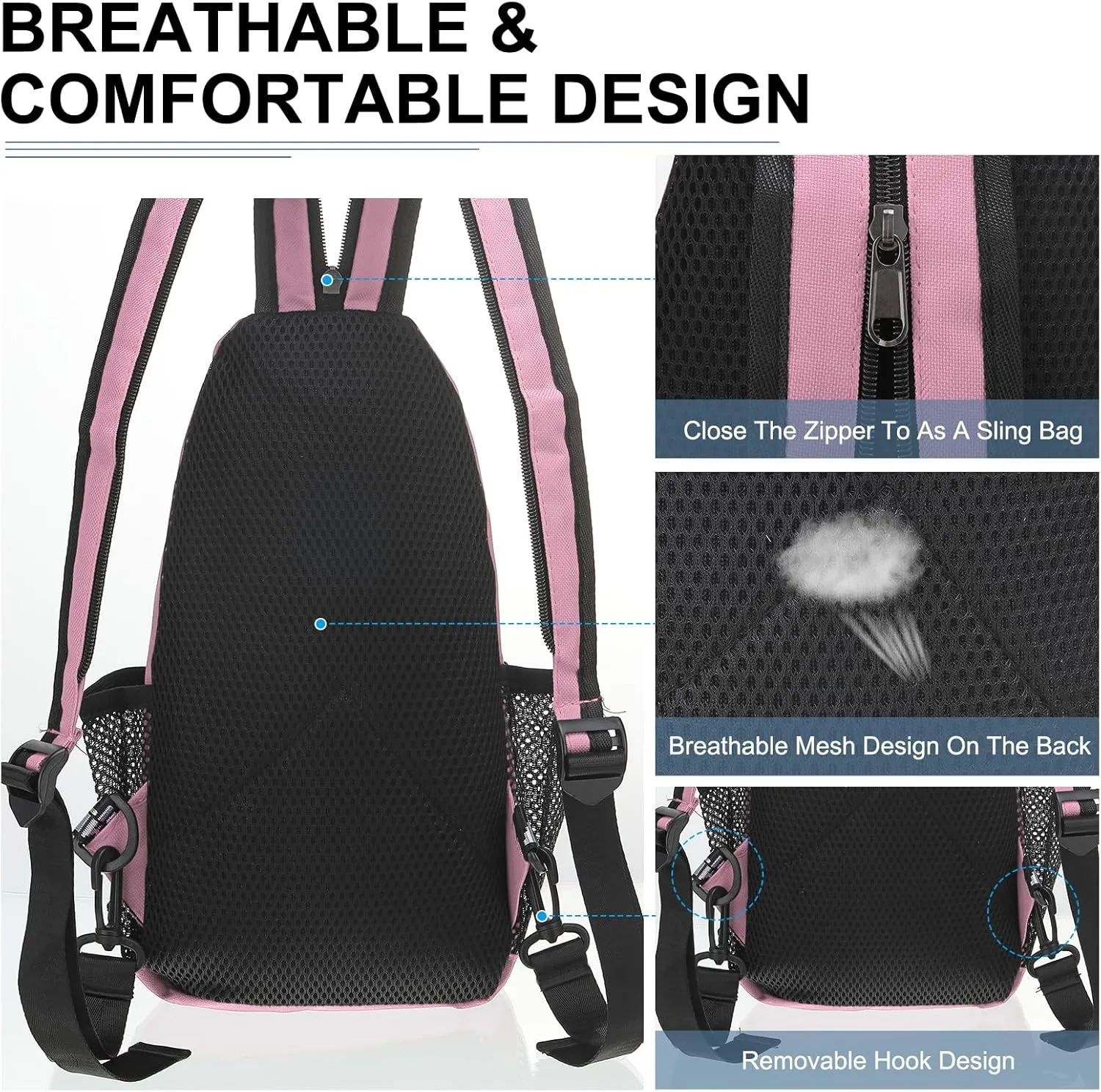 Convertible Sling Bag Crossbody Backpack - 7"x13" (LXH) Good for Women Men Hiking Travel Cycling - Shoulder Bag Casual Packs with Headphone Jack - Pink