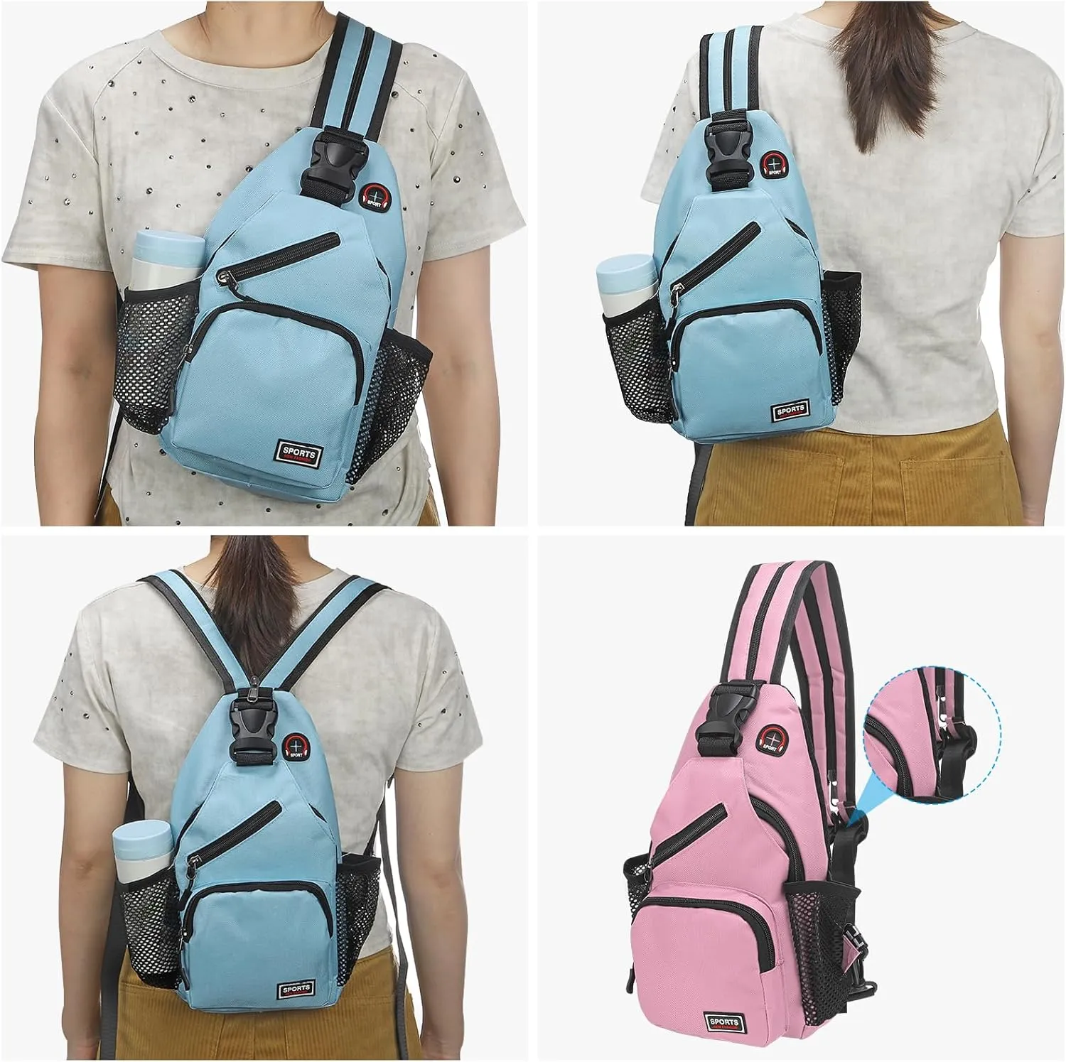 Convertible Sling Bag Crossbody Backpack - 7"x13" (LXH) Good for Women Men Hiking Travel Cycling - Shoulder Bag Casual Packs with Headphone Jack - Pink