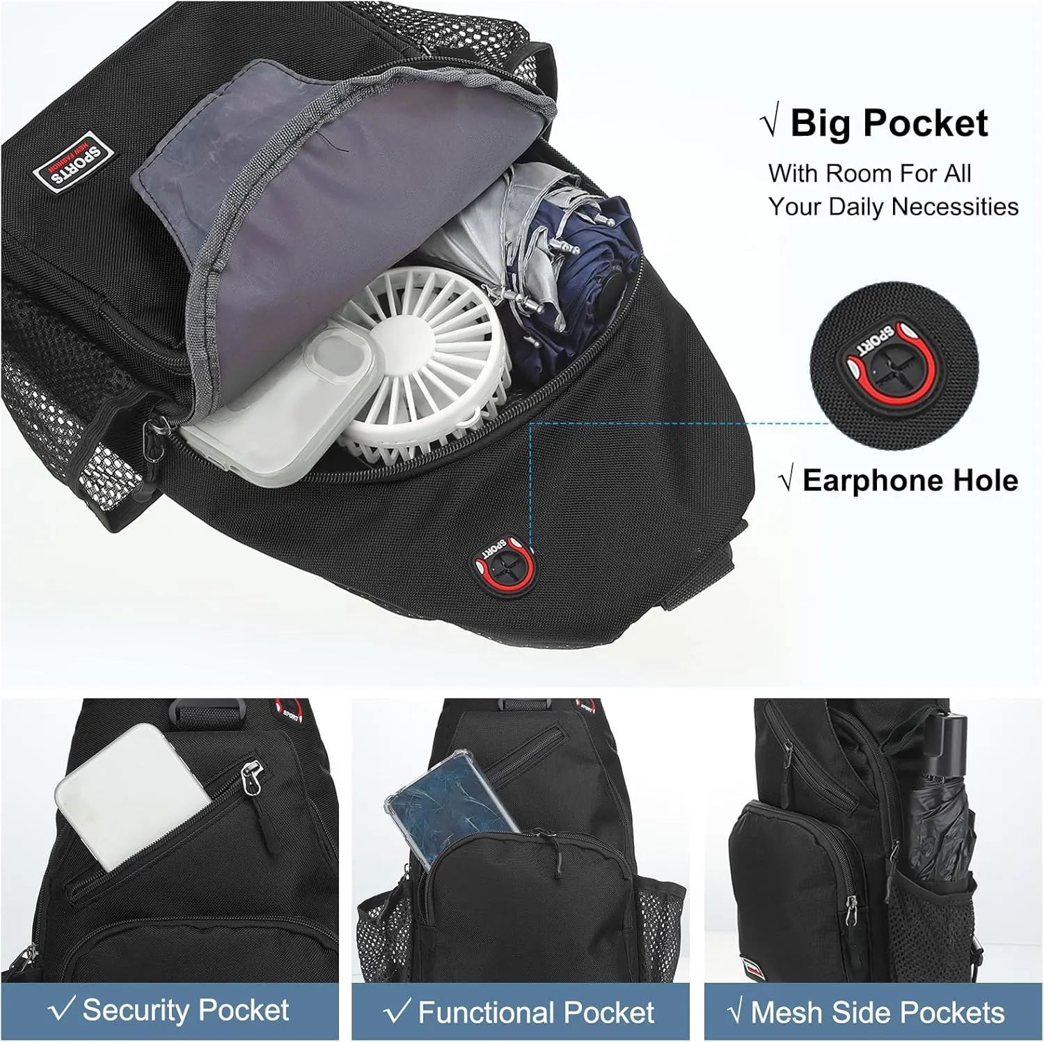 Convertible Sling Bag Crossbody Backpack - 8.5"x15" (LXH) Good for Women Men Hiking Travel Cycling - Multifunctional Shoulder Bag Casual Packs with Headphone Jack - Black