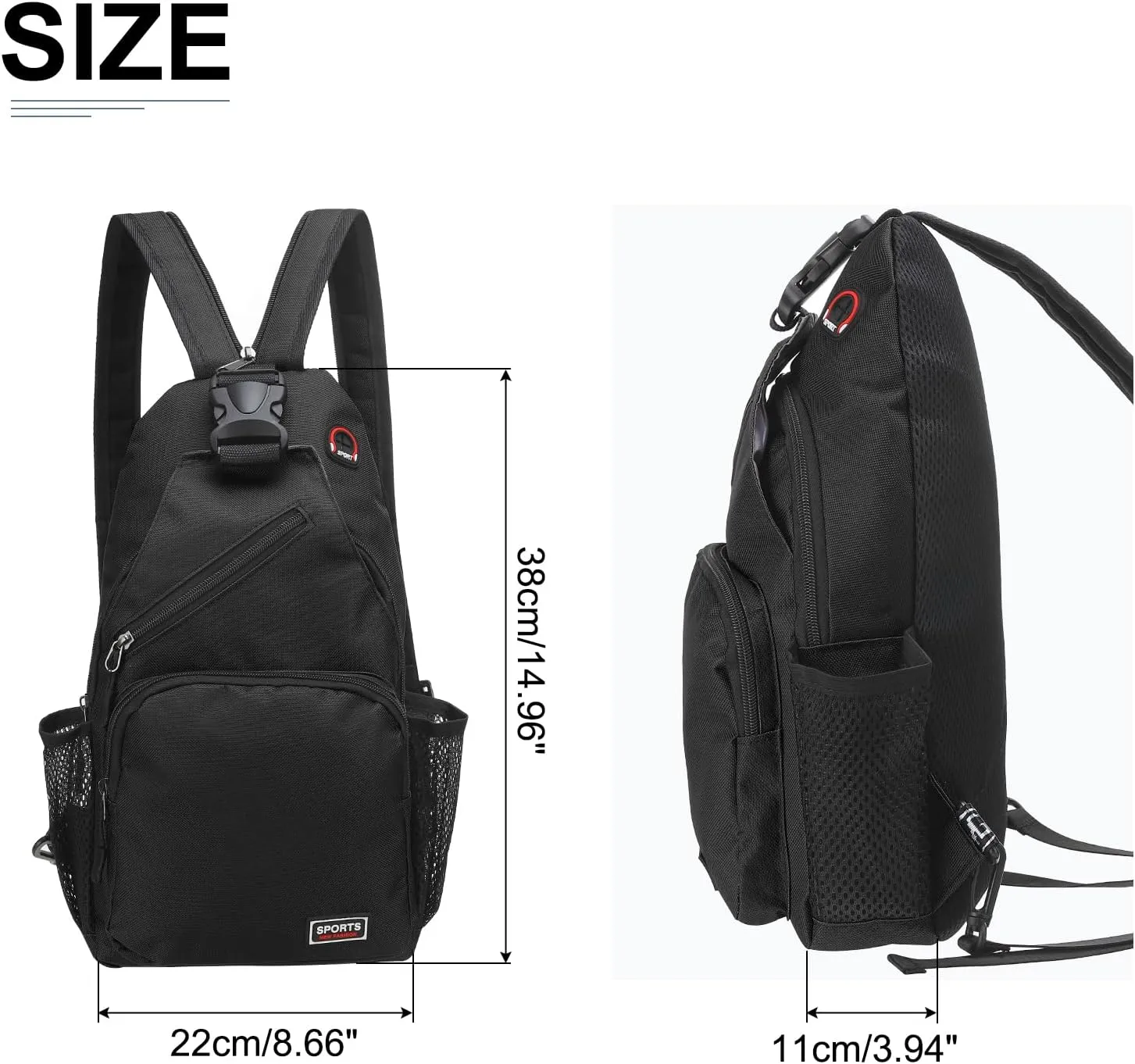 Convertible Sling Bag Crossbody Backpack - 8.5"x15" (LXH) Good for Women Men Hiking Travel Cycling - Multifunctional Shoulder Bag Casual Packs with Headphone Jack - Black