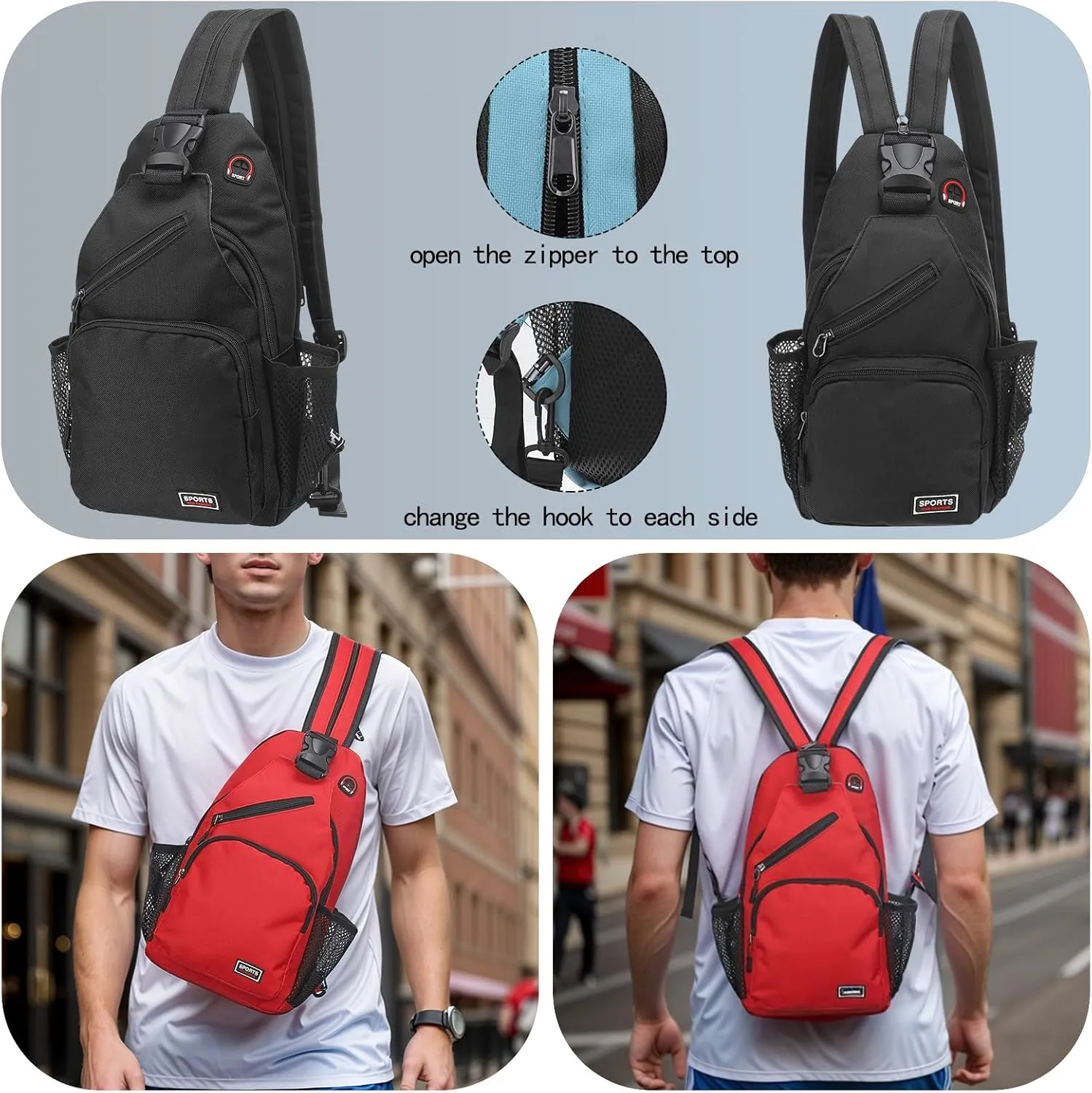 Convertible Sling Bag Crossbody Backpack - 8.5"x15" (LXH) Good for Women Men Hiking Travel Cycling - Multifunctional Shoulder Bag Casual Packs with Headphone Jack - Black