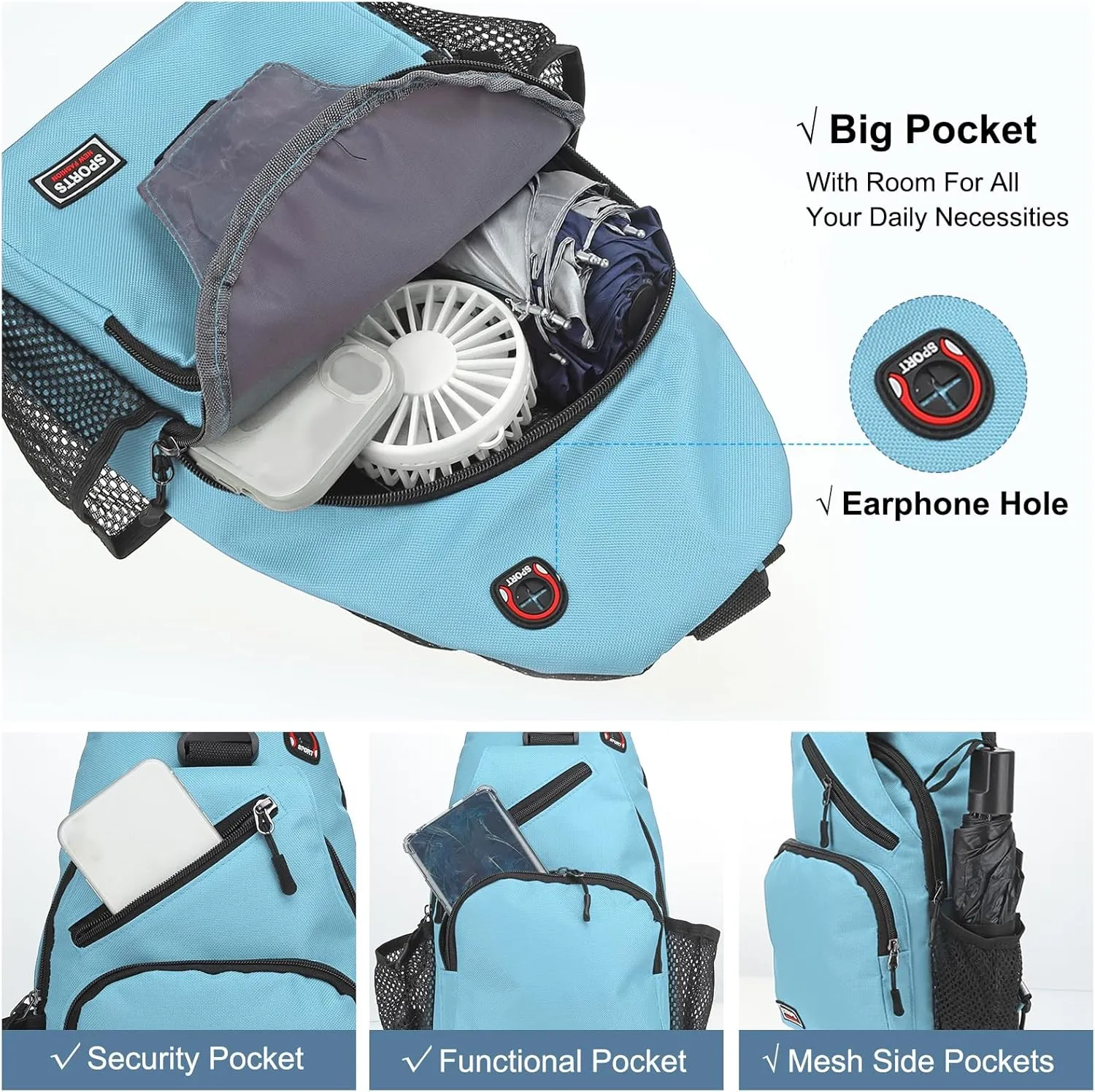 Convertible Sling Bag Crossbody Backpack - 8.5"x15" (LXH) Good for Women Men Hiking Travel Cycling - Multifunctional Shoulder Bag Casual Packs with Headphone Jack - Blue