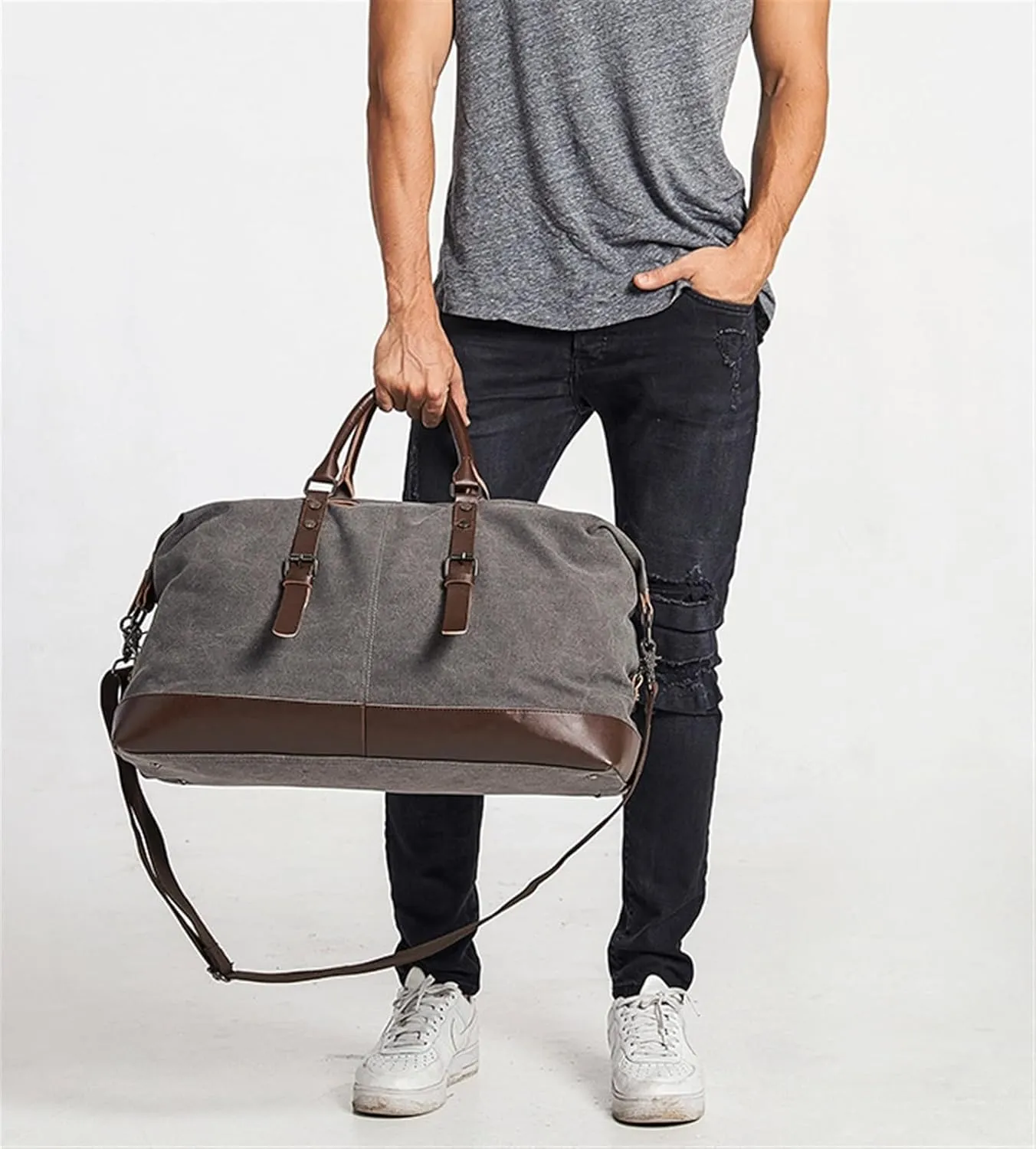 Convertible Suit Travel Bag 22inch Weekender Bag For Women Men, Travel Duffle Bag, Canvas PU Carry On Overnight Bag hanging garment duffel bag (Color : E, Size : 56 * 25 * 32cm)