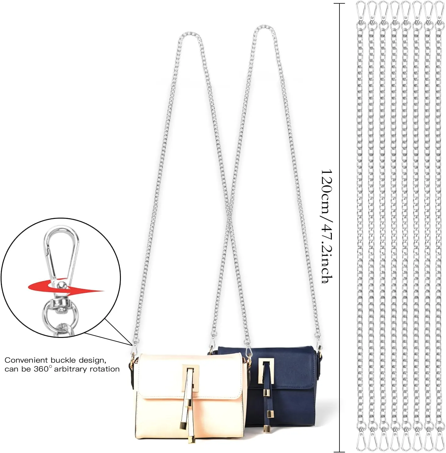 Coobbar Purse Chain Replacement,8 Pack Wallet Chain Shoulder Bag Chain Handbag Chains DIY Shoulder Cross Body Bag Chain for DIY Metal Shoulder Cross Body Bag(47 Inch/pcs) (Silver)