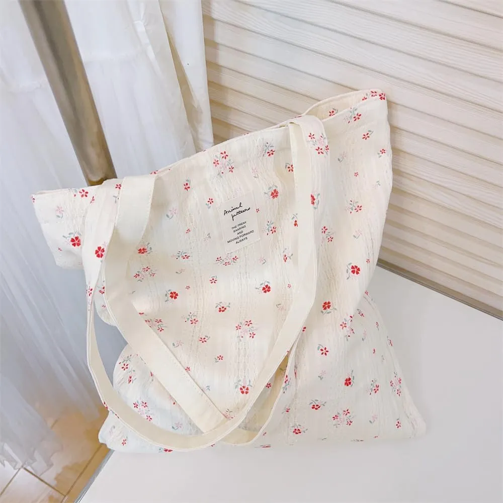 Cotton Canvas Tote Bag Reusable Soft Grocery Cloth Bag Floral Shoulder Bag for Beach Travel Shopping