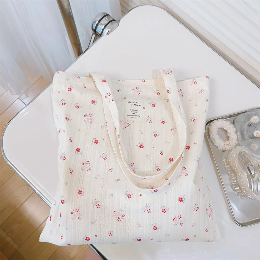Cotton Canvas Tote Bag Reusable Soft Grocery Cloth Bag Floral Shoulder Bag for Beach Travel Shopping