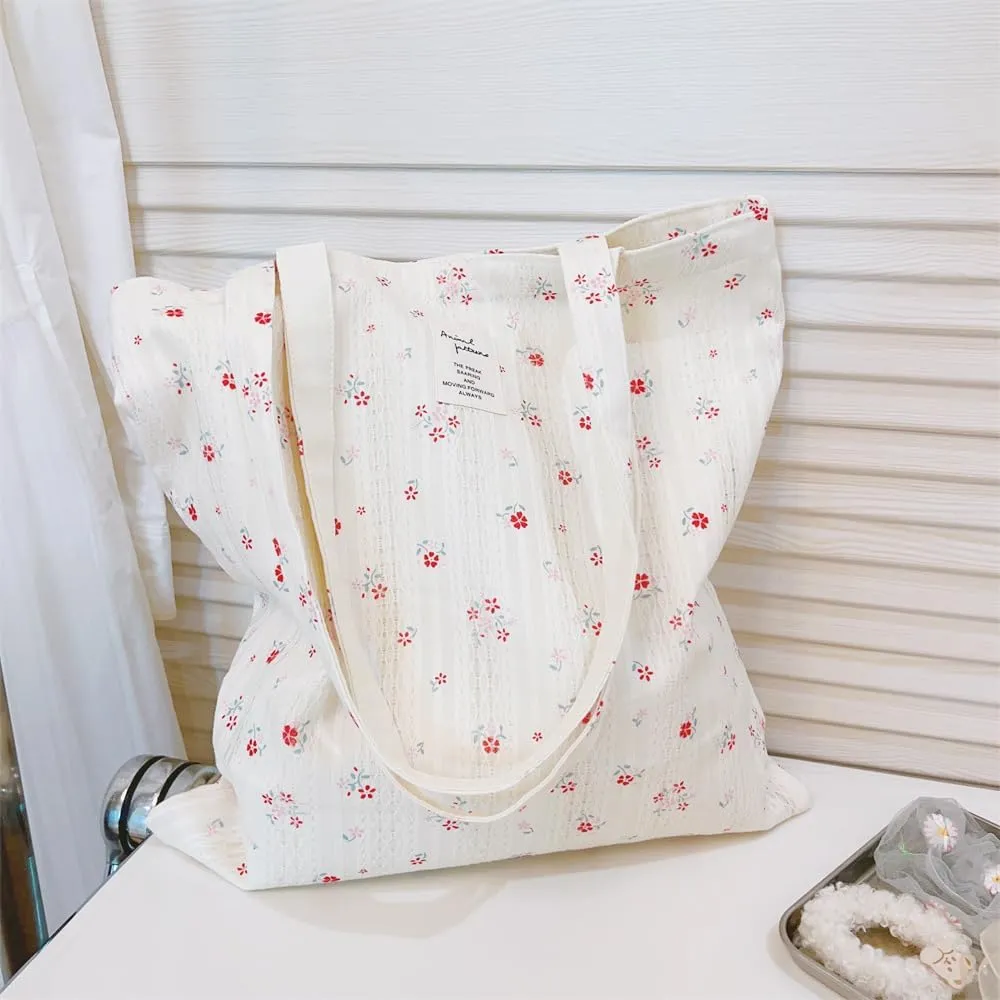 Cotton Canvas Tote Bag Reusable Soft Grocery Cloth Bag Floral Shoulder Bag for Beach Travel Shopping