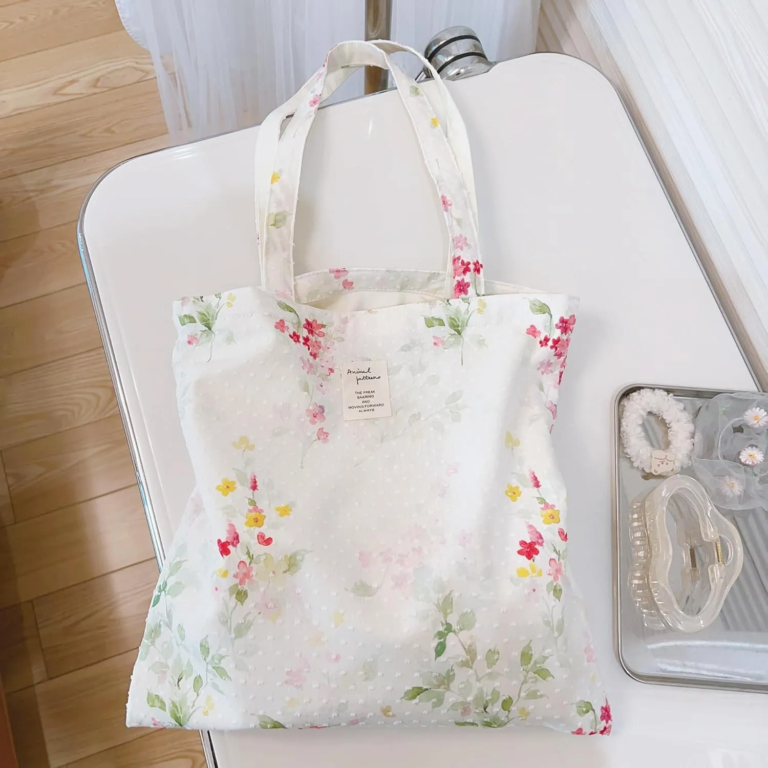 Cotton Canvas Tote Bag Reusable Soft Grocery Cloth Bag Floral Shoulder Bag for Beach Travel Shopping