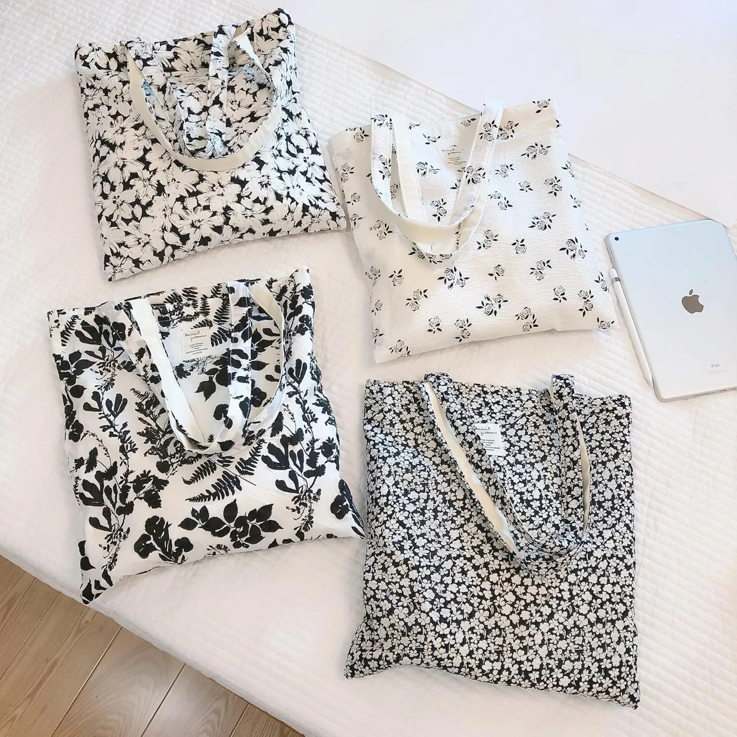 Cotton Canvas Tote Bag Reusable Soft Grocery Cloth Bag Floral Shoulder Bag for Beach Travel Shopping