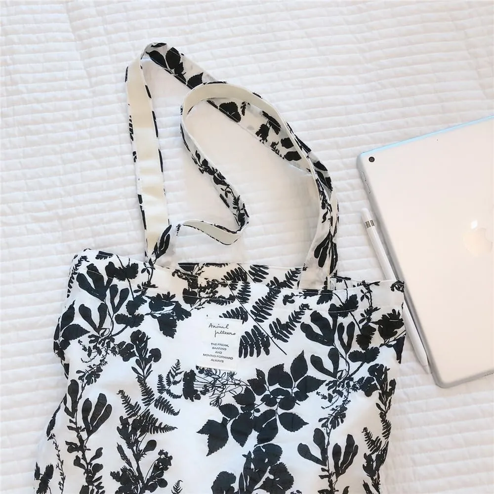 Cotton Canvas Tote Bag Reusable Soft Grocery Cloth Bag Floral Shoulder Bag for Beach Travel Shopping