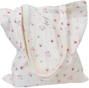 Cotton Canvas Tote Bag Reusable Soft Grocery Cloth Bag Floral Shoulder Bag for Beach Travel Shopping