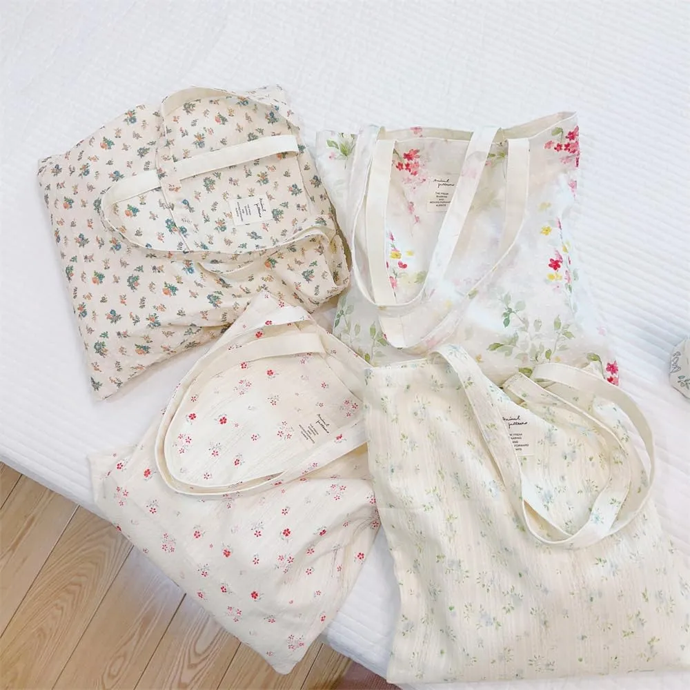 Cotton Canvas Tote Bag Reusable Soft Grocery Cloth Bag Floral Shoulder Bag for Beach Travel Shopping