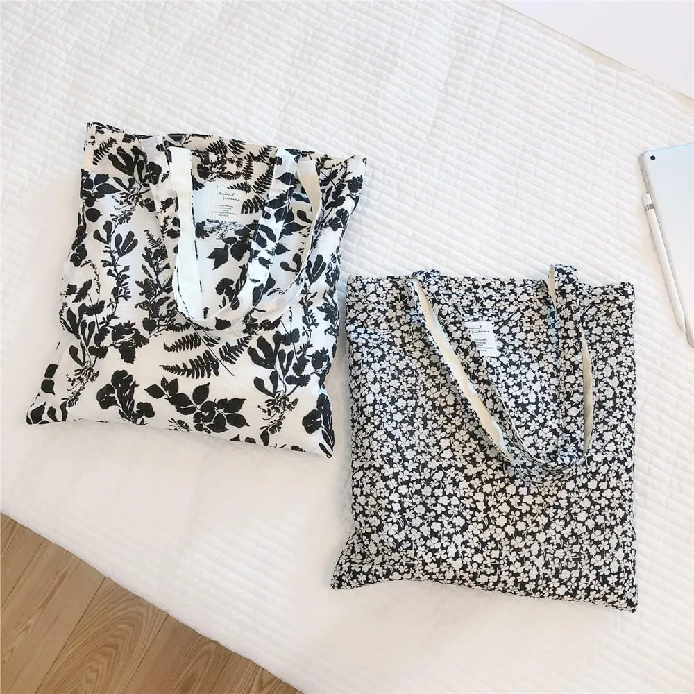 Cotton Canvas Tote Bag Reusable Soft Grocery Cloth Bag Floral Shoulder Bag for Beach Travel Shopping