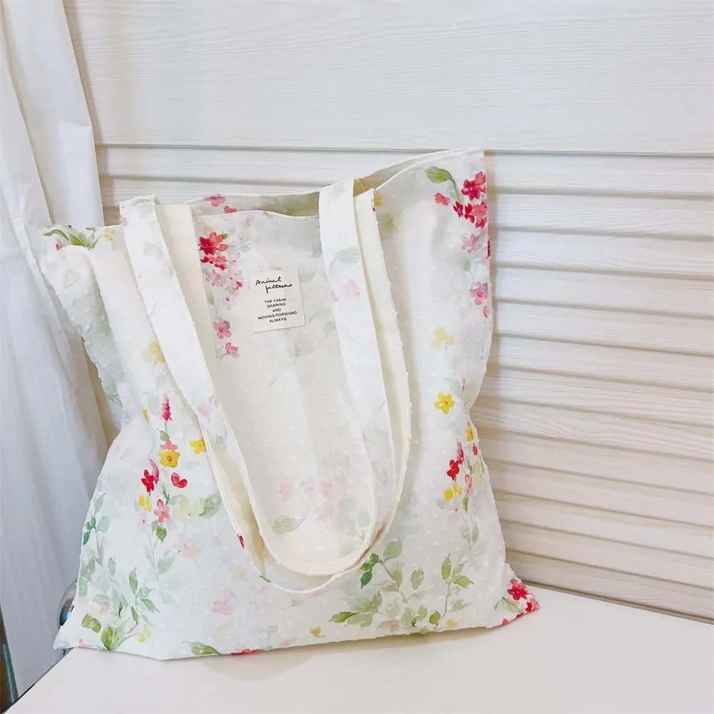 Cotton Canvas Tote Bag Reusable Soft Grocery Cloth Bag Floral Shoulder Bag for Beach Travel Shopping
