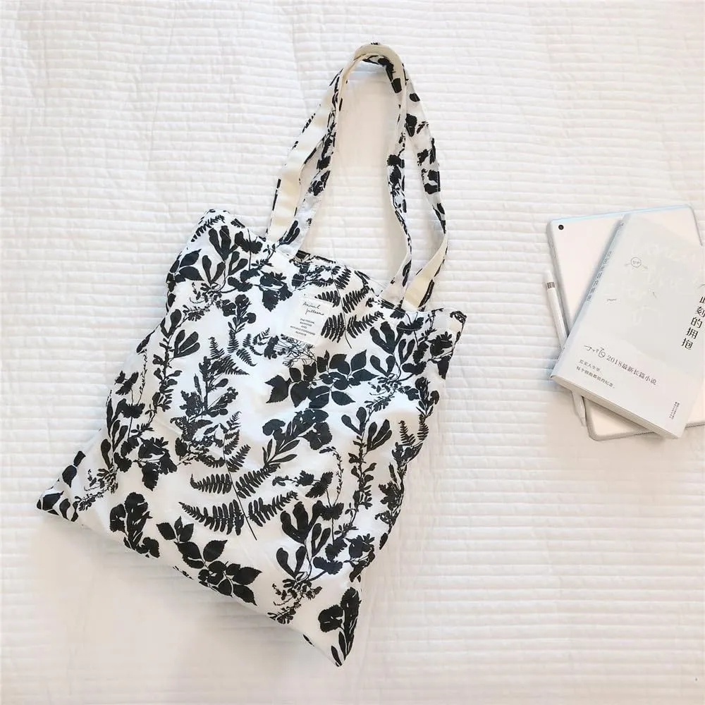 Cotton Canvas Tote Bag Reusable Soft Grocery Cloth Bag Floral Shoulder Bag for Beach Travel Shopping