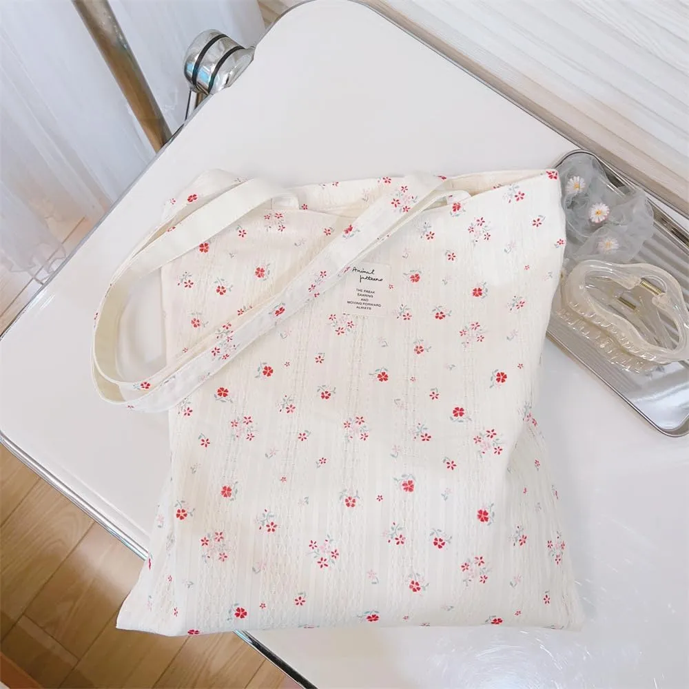 Cotton Canvas Tote Bag Reusable Soft Grocery Cloth Bag Floral Shoulder Bag for Beach Travel Shopping