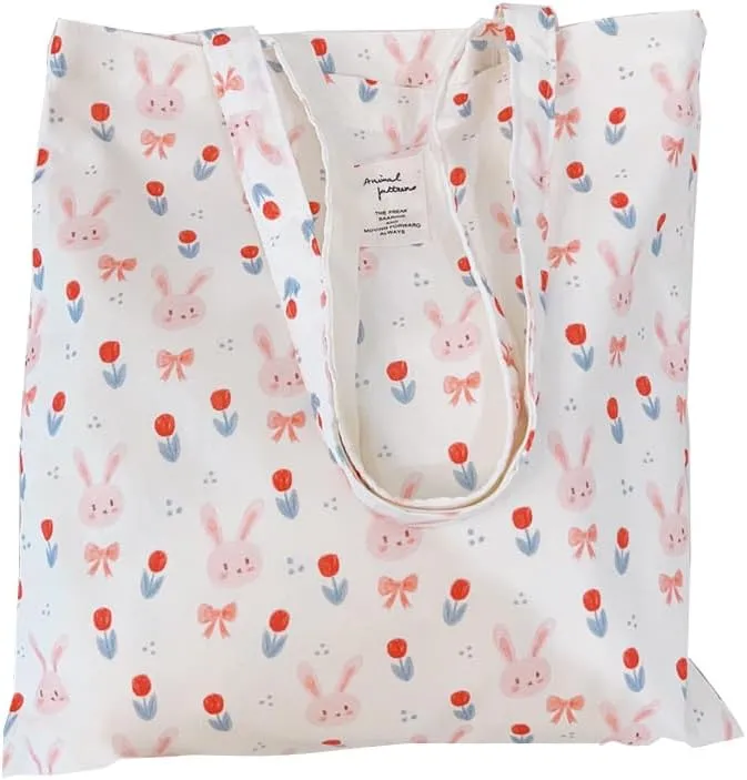 Cotton Canvas Tote Bag Reusable Soft Grocery Cloth Bag Floral Shoulder Bag for Beach Travel Shopping