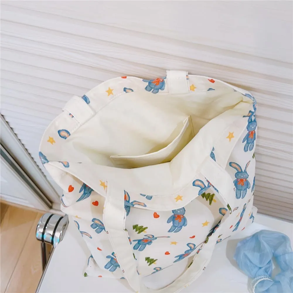 Cotton Canvas Tote Bag Reusable Soft Grocery Cloth Bag Floral Shoulder Bag for Beach Travel Shopping