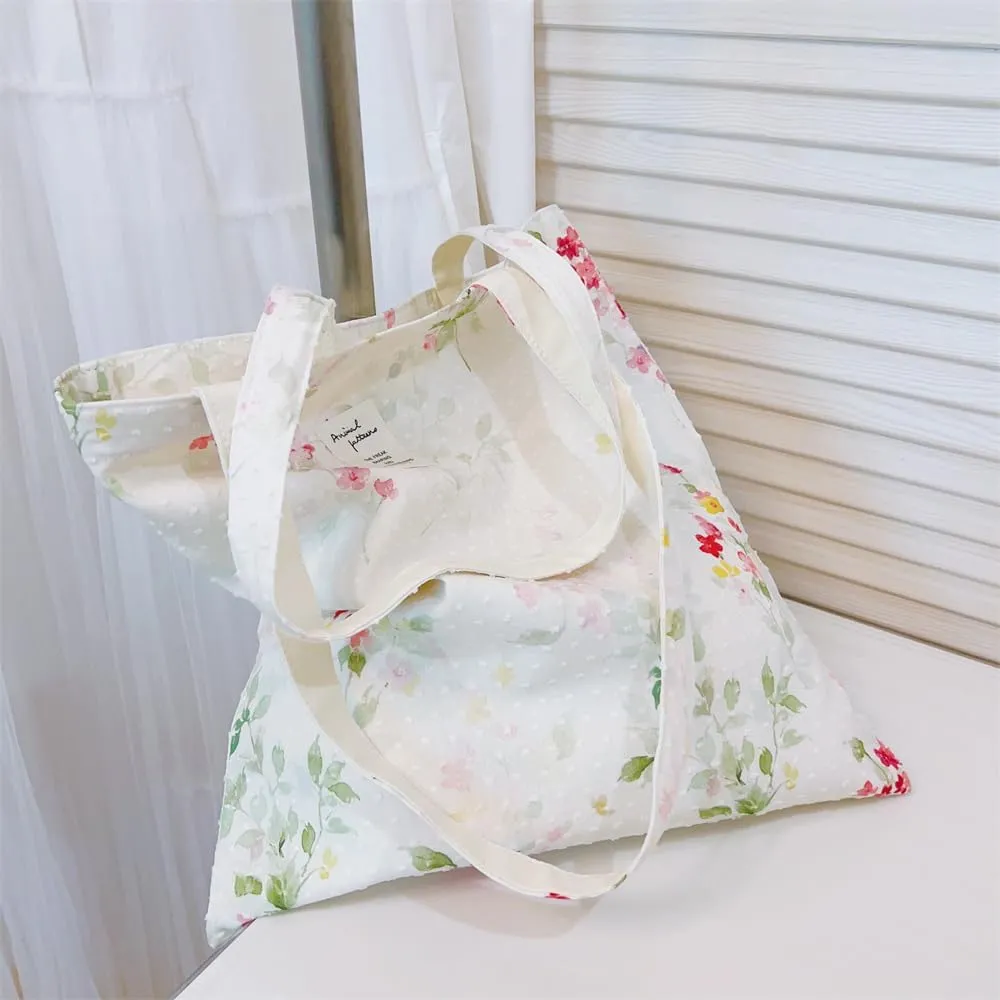 Cotton Canvas Tote Bag Reusable Soft Grocery Cloth Bag Floral Shoulder Bag for Beach Travel Shopping