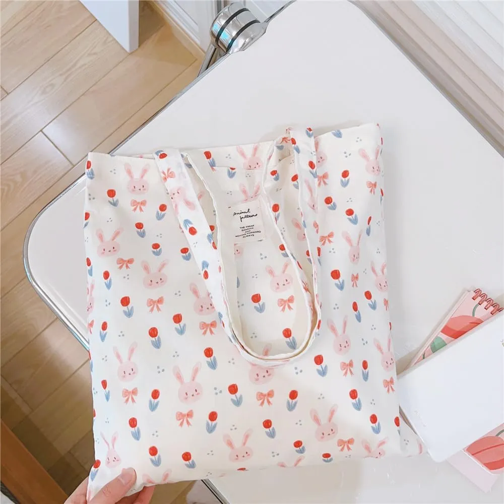 Cotton Canvas Tote Bag Reusable Soft Grocery Cloth Bag Floral Shoulder Bag for Beach Travel Shopping