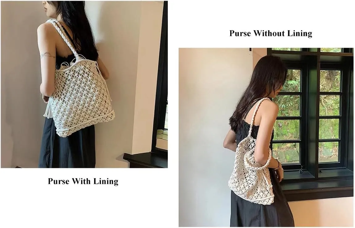 Cotton Handmade Shoulder Bag Tote Handbag Summer Beach Purse for Holiday Vacation Casual Hobo Beige01(Without Lining)