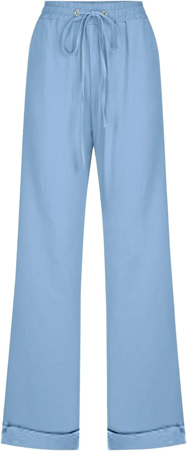 Cotton Linen Pants for Women Drawstring Lightweight Pants Plus Size Wide Leg Sweatpants Summer Elastic Waist Trousers