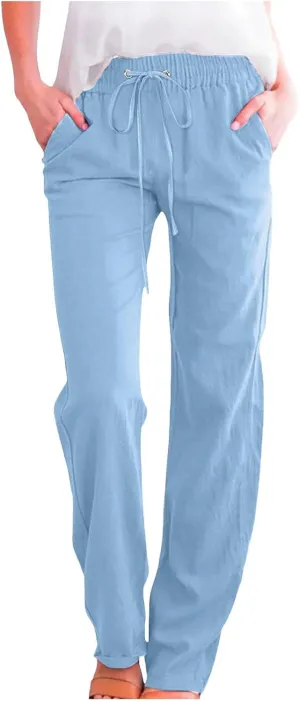 Cotton Linen Pants for Women Drawstring Lightweight Pants Plus Size Wide Leg Sweatpants Summer Elastic Waist Trousers