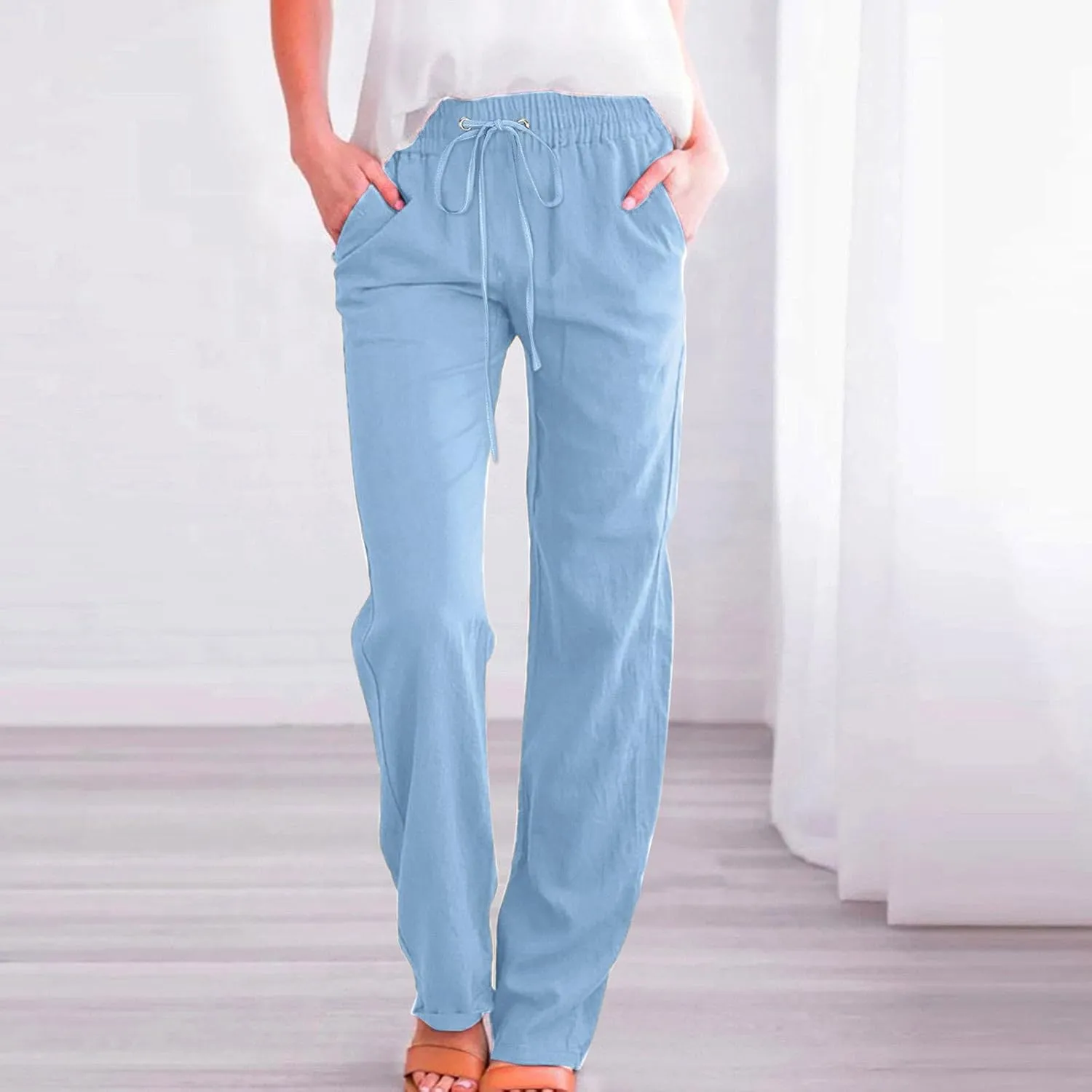 Cotton Linen Pants for Women Drawstring Lightweight Pants Plus Size Wide Leg Sweatpants Summer Elastic Waist Trousers
