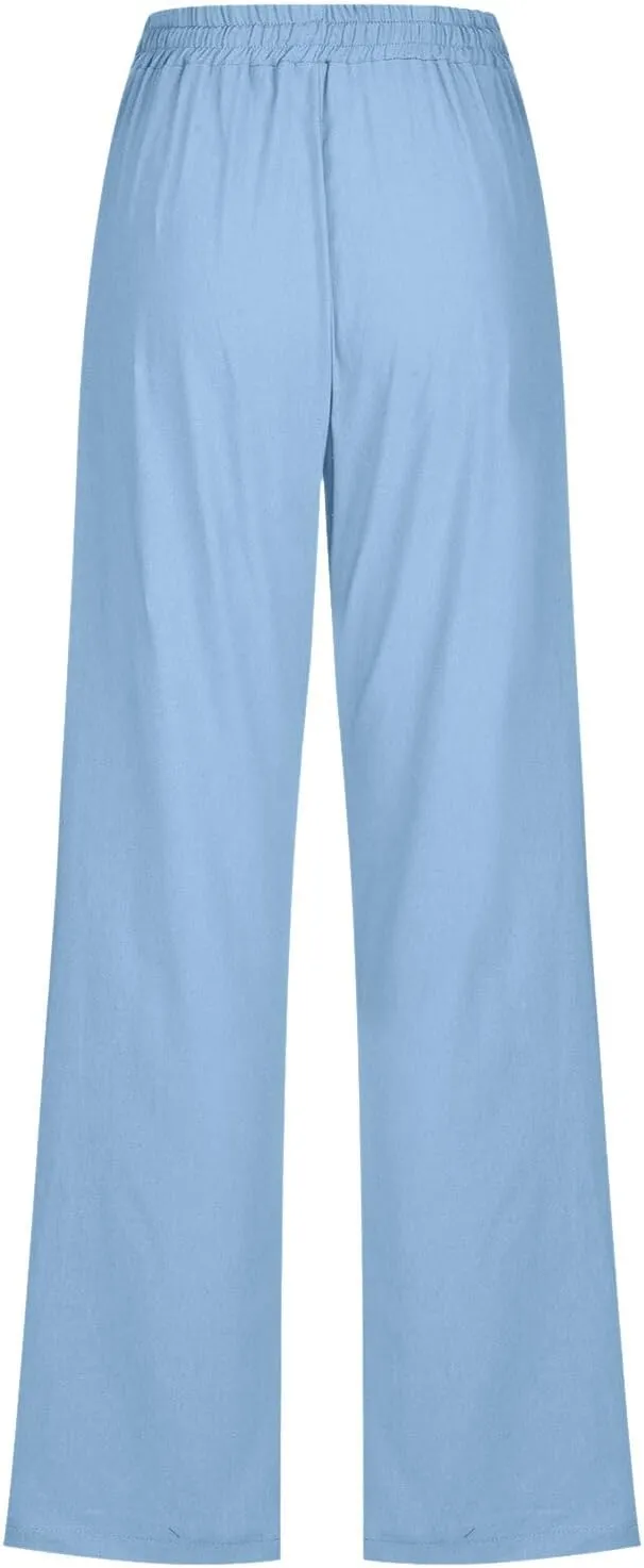 Cotton Linen Pants for Women Drawstring Lightweight Pants Plus Size Wide Leg Sweatpants Summer Elastic Waist Trousers