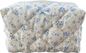 Cotton Quilted Makeup Bag Coquette Accessories Make up Bag Organizer Cute Floral Cosmetic Pouch Travel Makeup Bag for Women (Blue floral)