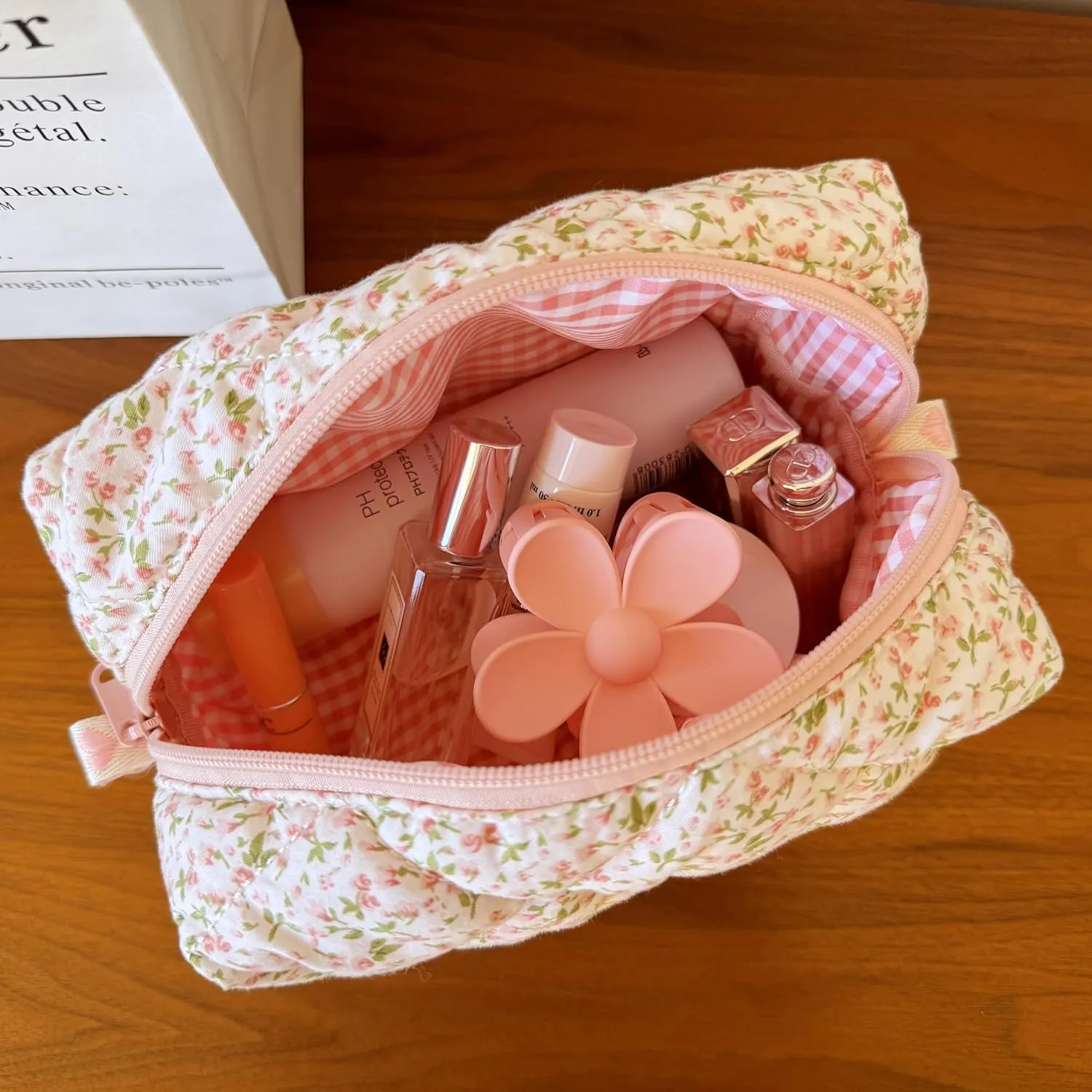 Cotton Quilted Makeup Bag Coquette Accessories Make up Bag Organizer Cute Floral Cosmetic Pouch Travel Makeup Bag for Women (Little Roses)