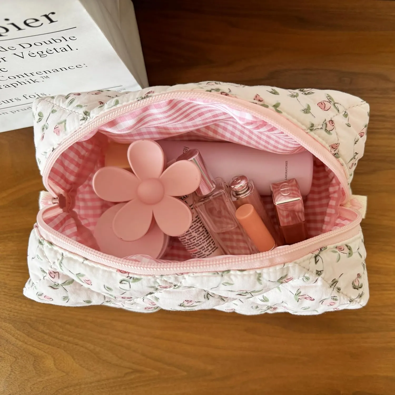 Cotton Quilted Makeup Bag Coquette Accessories Make up Bag Organizer Cute Floral Cosmetic Pouch Travel Makeup Bag for Women Rose