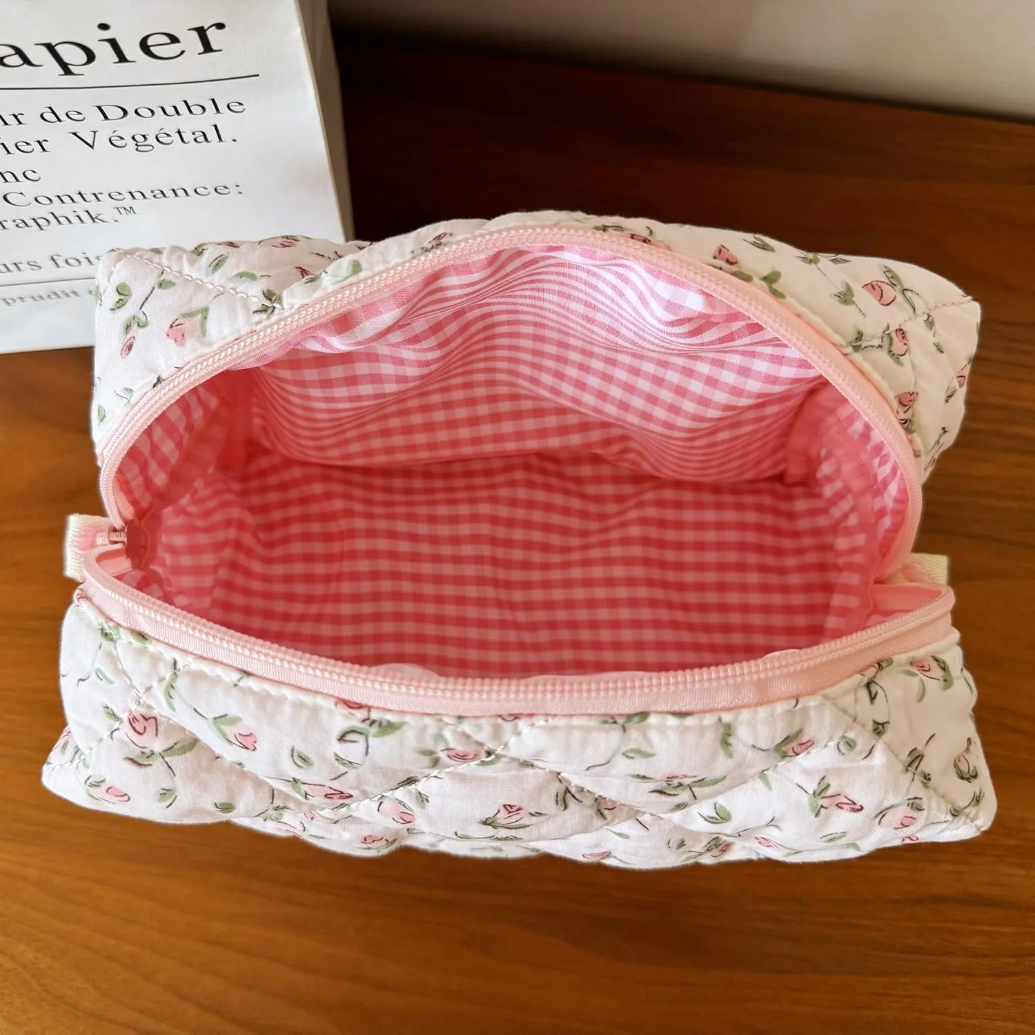 Cotton Quilted Makeup Bag Coquette Accessories Make up Bag Organizer Cute Floral Cosmetic Pouch Travel Makeup Bag for Women Rose