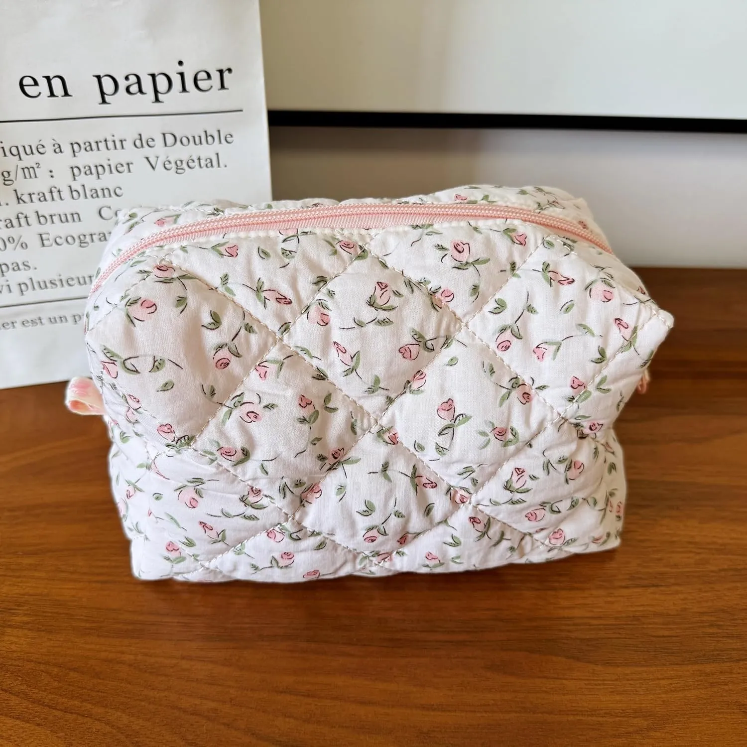 Cotton Quilted Makeup Bag Coquette Accessories Make up Bag Organizer Cute Floral Cosmetic Pouch Travel Makeup Bag for Women Rose