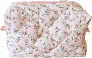 Cotton Quilted Makeup Bag Coquette Accessories Make up Bag Organizer Cute Floral Cosmetic Pouch Travel Makeup Bag for Women Rose