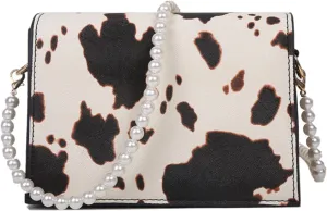 Cow Print Clutches Pearl Strap Evening Purse Mini Handbag Crossbody Bag